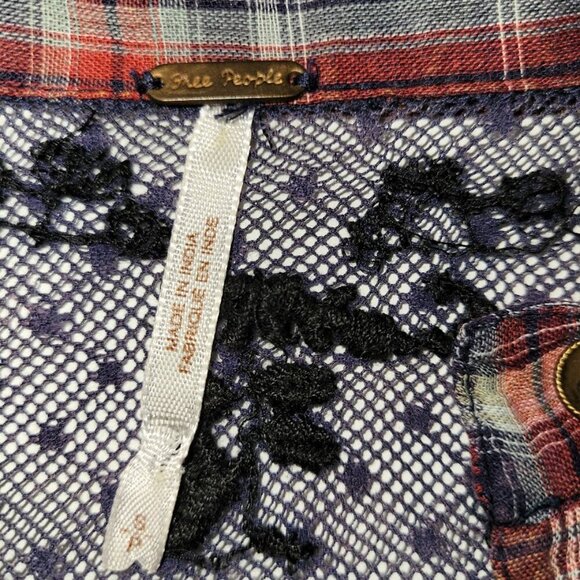 Free People Floral Lace Insert Plaid Cotton Top Long Sleeve Women's Size S - Picture 10 of 13